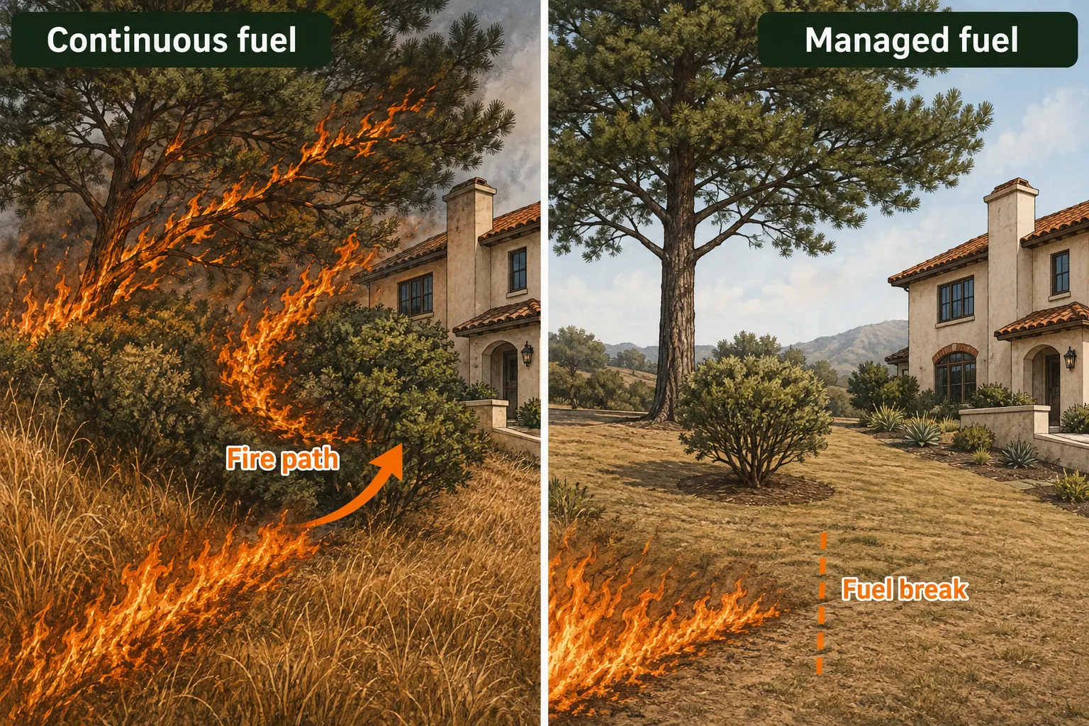 Side-by-side comparison showing fire moving through continuous grass, shrubs and tree branches toward a home, while spacing and a raised tree canopy interrupt the fire path in a managed landscape