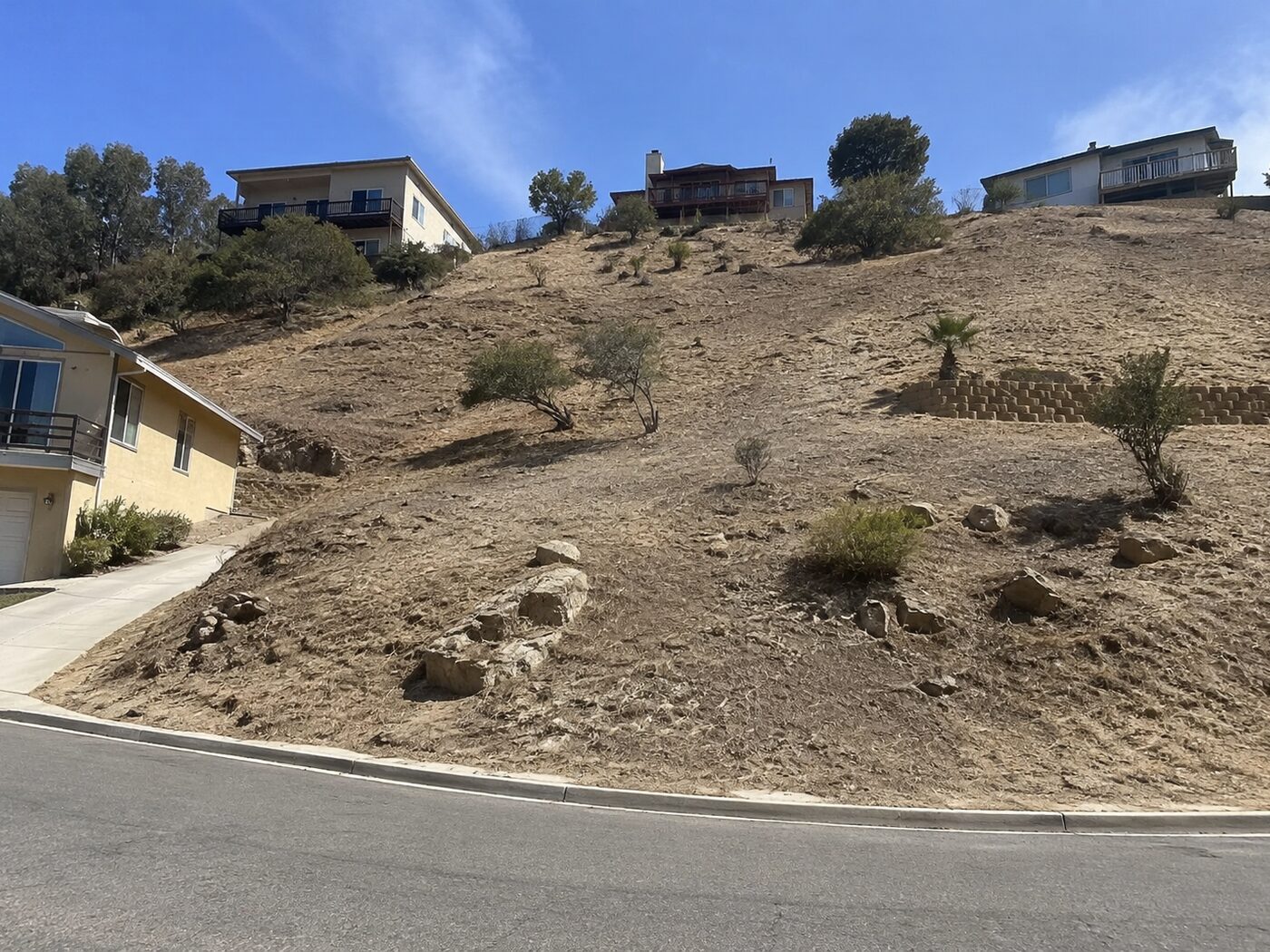 Cleared residential hillside with defensible spacing around homes