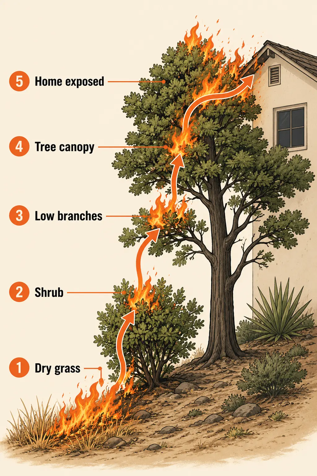 Illustration showing fire climbing from dry grass to a shrub, low tree branches and the tree canopy before exposing a nearby home