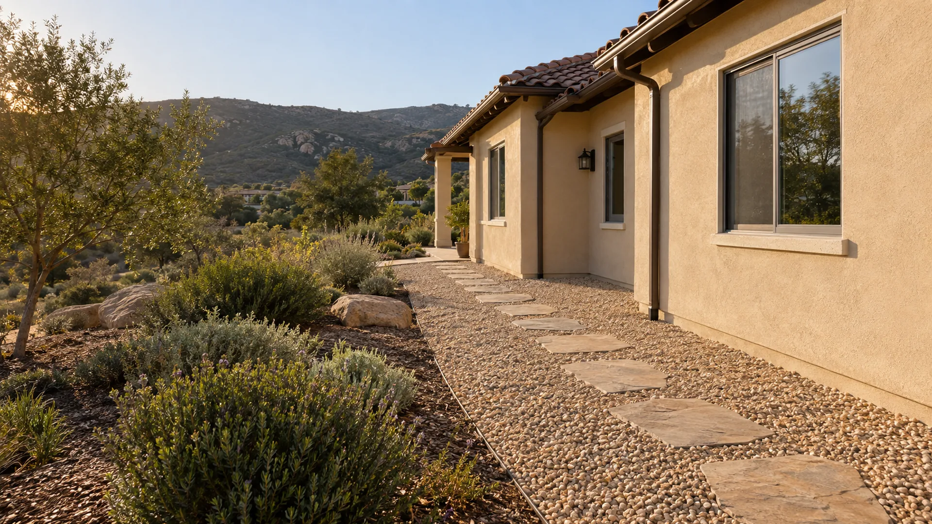 San Diego home with a gravel and paver Zone 0 treatment