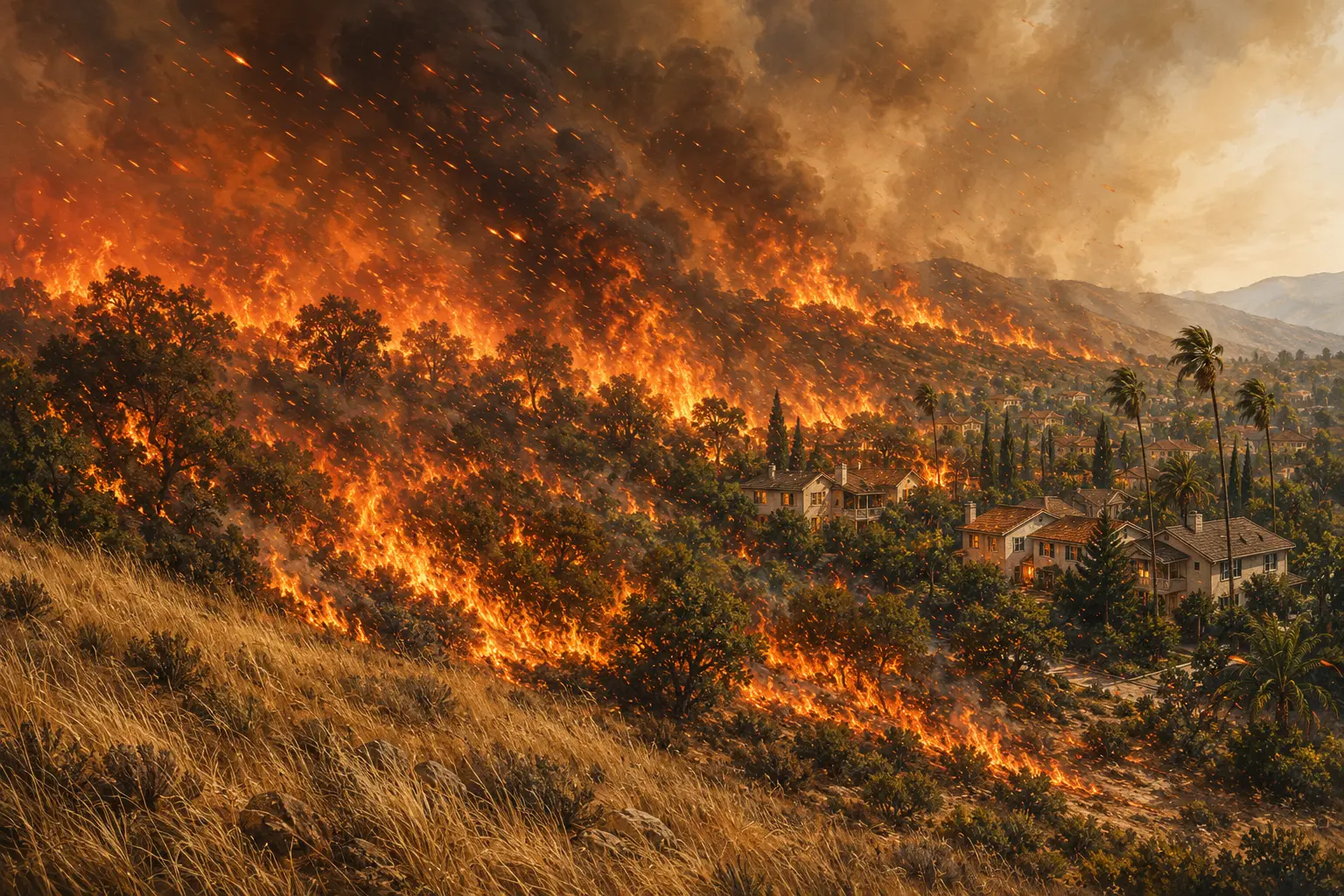 Large wind-driven wildfire spreading through connected grass, shrubs and trees toward a Southern California neighborhood