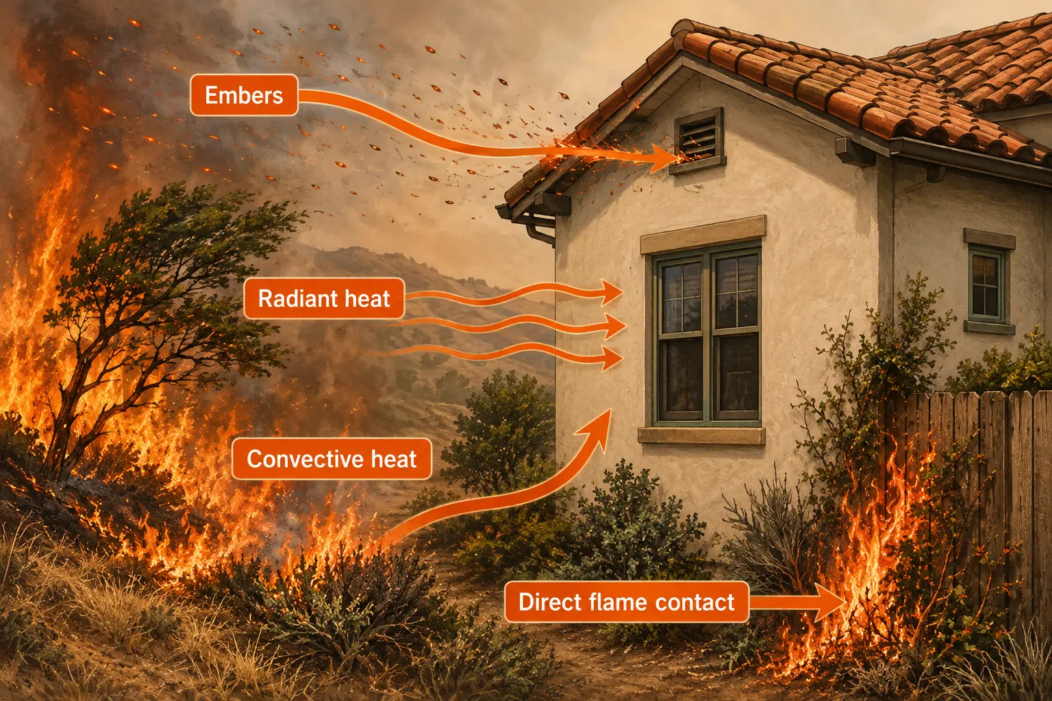 Illustration showing a home exposed to wildfire through wind-driven embers, radiant heat, convective heat and direct flame contact